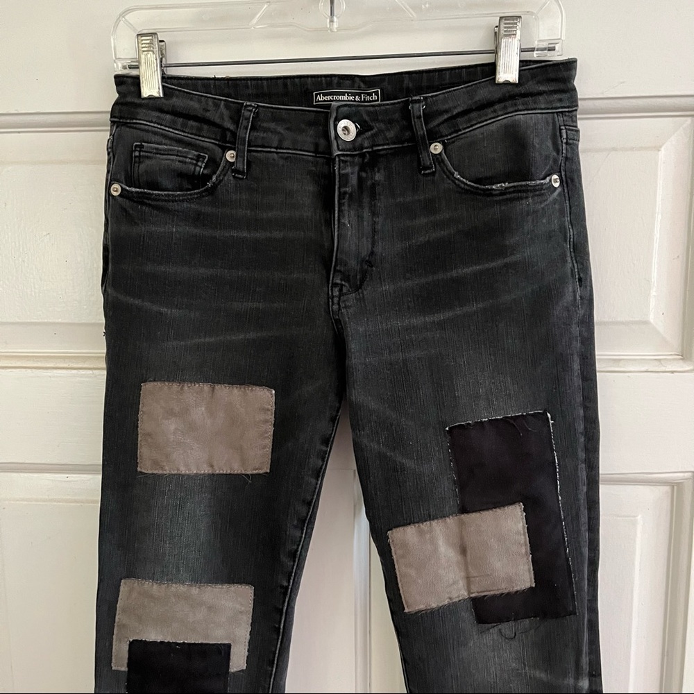 Super skinny stretch black denim jeans w/suede patchwork